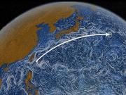 The Kuroshio Current (arrow) transports warm ocean water past Taiwan to the southeast coast of Japan. Credit: NASA